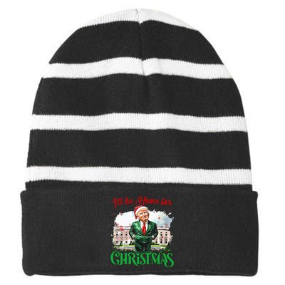 ILl Be Home For Christmas Funny Santa Elf Trump Xmas 2024 Striped Beanie with Solid Band