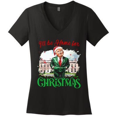 ILl Be Home For Christmas Funny Santa Elf Trump Xmas 2024 Women's V-Neck T-Shirt