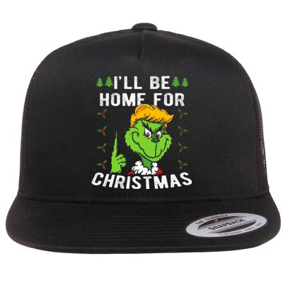 ILl Be Home For Christmas Trump 2024 Xmas Pajamas Flat Bill Trucker Hat