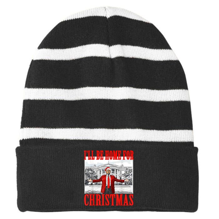 Ill Be Home For Christmas Santa Funny Trump Xmas Pajamas Striped Beanie with Solid Band