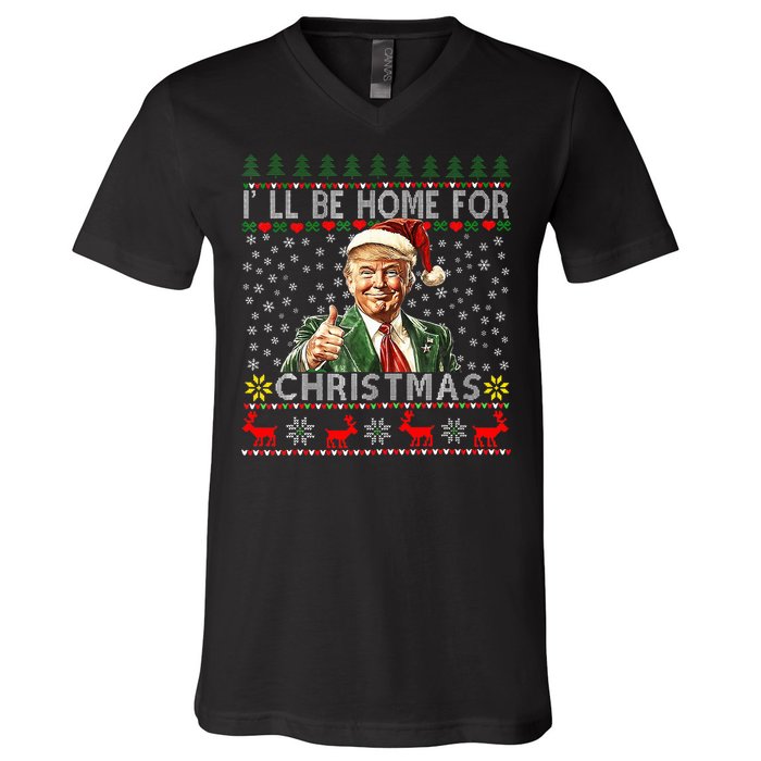 ILl Be Home For Christmas Funny Santa Claus Trump 2024 V-Neck T-Shirt