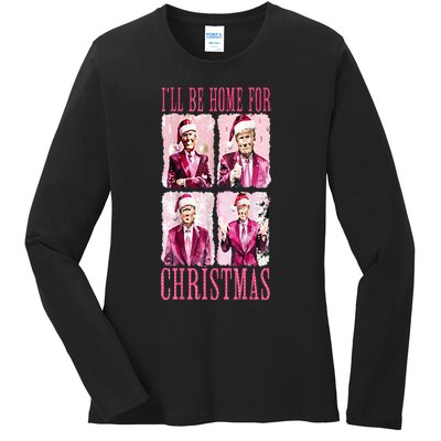 ILl Be Home For Christmas Santa Funny Xmas Trump Pajamas Ladies Long Sleeve Shirt