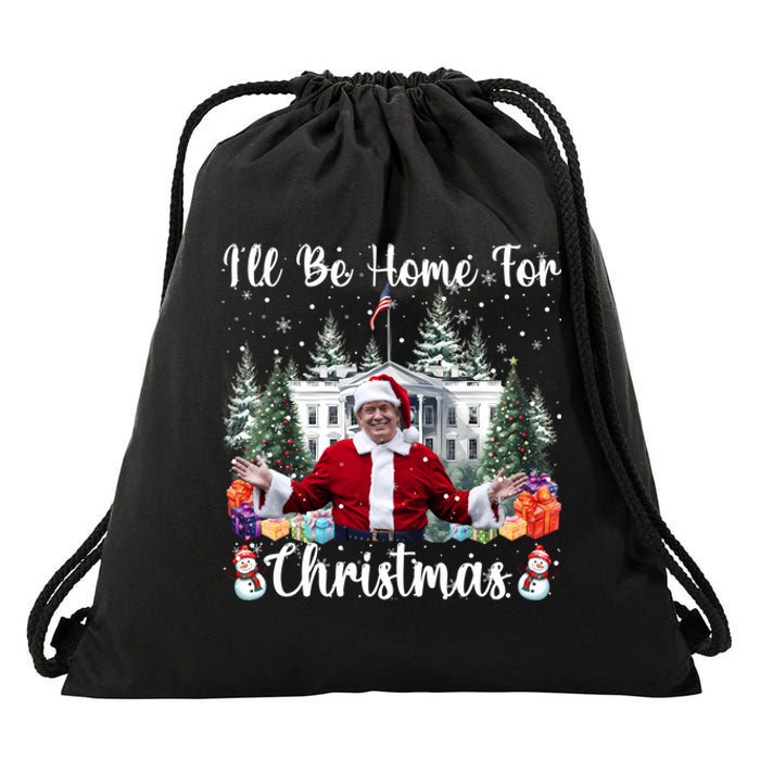 ILl Be Home For Christmas Funny Santa Claus Trump 2024 Long Sleeve Drawstring Bag