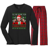 ILl Be Home For Christmas Santa Trump Xmas Pajamas Funny Women's Long Sleeve Flannel Pajama Set 