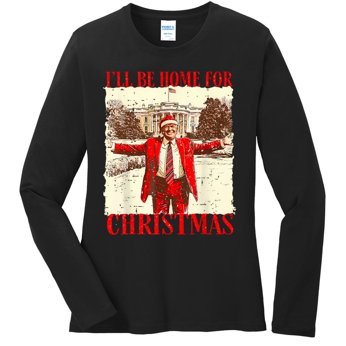 ILl Be Home For Christmas Santa Funny Trump Xmas Pajamas Ladies Long Sleeve Shirt