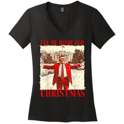 ILl Be Home For Christmas Santa Funny Trump Xmas Pajamas Women's V-Neck T-Shirt