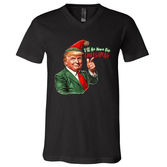 ILl Be Home For Christmas Funny Santa Claus Trump 2024 V-Neck T-Shirt