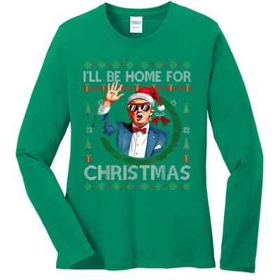 ILl Be Home For Christmas Funny Trump 2024 Ugly Xmas Ladies Long Sleeve Shirt