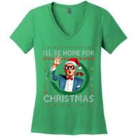 ILl Be Home For Christmas Funny Trump 2024 Ugly Xmas Women's V-Neck T-Shirt