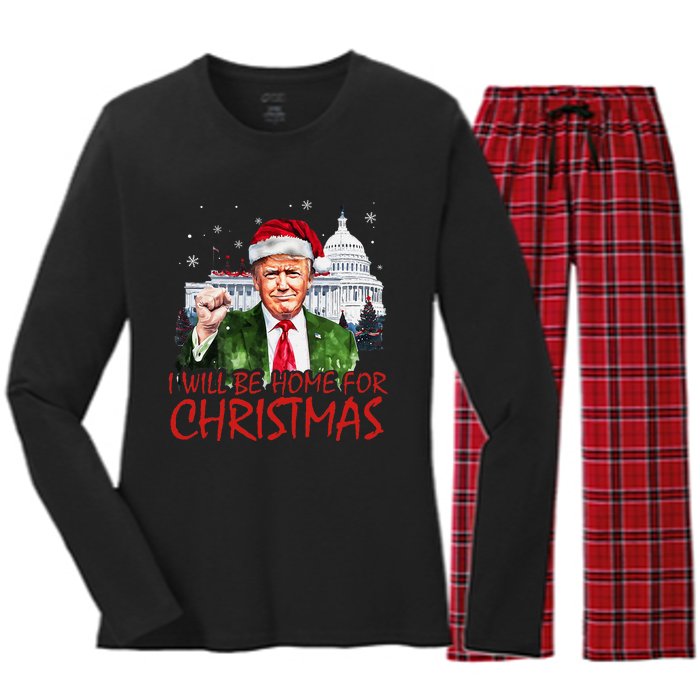 ILl Be Home For Christmas Xmas Trump Pajamas Holiday Santa Women's Long Sleeve Flannel Pajama Set 