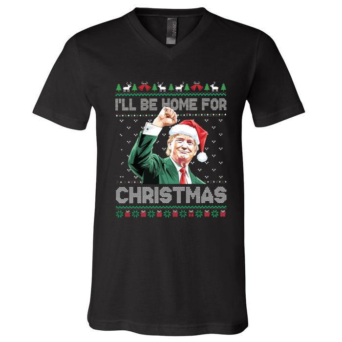 ILl Be Home For Christmas Funny Trump 2024 Ugly Christmas V-Neck T-Shirt