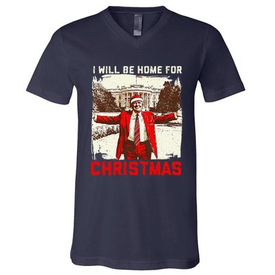 ILl Be Home For Christmas Funny Trump Santa Xmas 2024 V-Neck T-Shirt