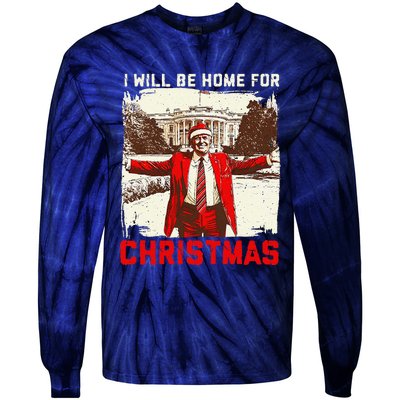 ILl Be Home For Christmas Funny Trump Santa Xmas 2024 Tie-Dye Long Sleeve Shirt