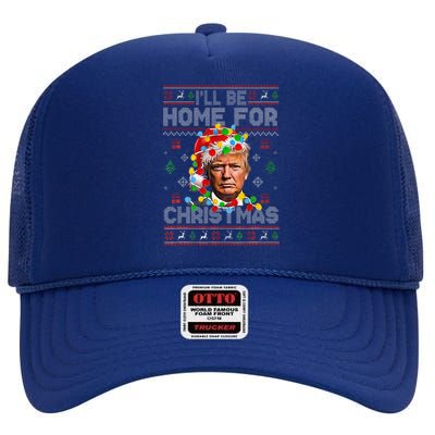 ILl Be Home For Christmas Funny Santa Trump Pajamas Ugly High Crown Mesh Back Trucker Hat