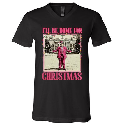 ILl Be Home For Christmas Santa Funny Trump Xmas Pajamas V-Neck T-Shirt