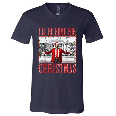 ILl Be Home For Christmas Santa Funny Trump Xmas Pajamas V-Neck T-Shirt