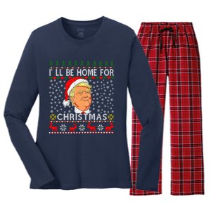 ILl Be Home For Christmas Santa Trump Xmas Pajamas Funny Women's Long Sleeve Flannel Pajama Set 