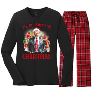 ILl Be Home For Christmas Funny Santa Trump Xmas Pajamas Women's Long Sleeve Flannel Pajama Set 