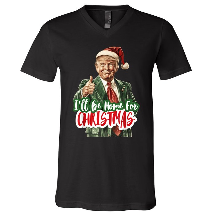 ILl Be Home For Christmas Funny Santa Claus Trump 2024 V-Neck T-Shirt