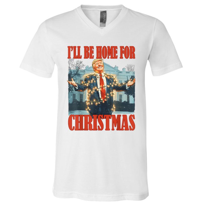 ILl Be Home For Christmas Santa Funny Trump Xmas Pajamas V-Neck T-Shirt