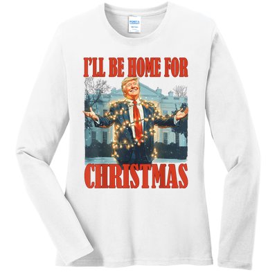 ILl Be Home For Christmas Santa Funny Trump Xmas Pajamas Ladies Long Sleeve Shirt