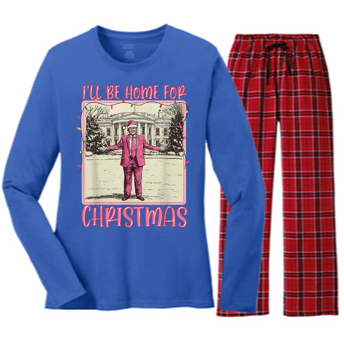 ILl Be Home For Christmas Santa Trump Xmas Pajamas Funny Gift Women's Long Sleeve Flannel Pajama Set 