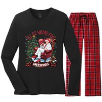 ILl Be Home For Christmas Funny Santa Claus Trump 2024 Women's Long Sleeve Flannel Pajama Set 