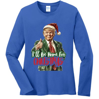 ILl Be Home For Christmas Santa Trump Xmas Pajamas Funny Gift Ladies Long Sleeve Shirt