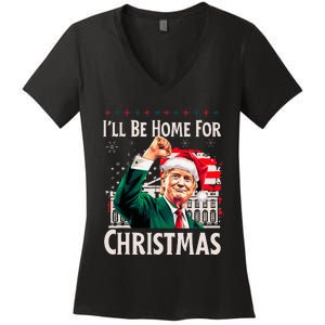 ILl Be Home For Christmas Santa Trump Xmas Pajamas Funny Women's V-Neck T-Shirt