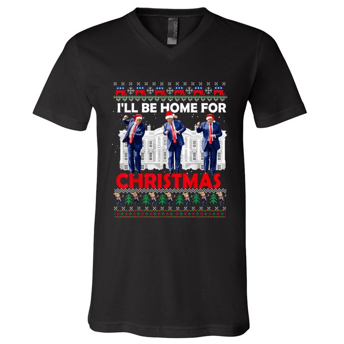 ILl Be Home For Christmas Santa Funny Trump Xmas Pajamas V-Neck T-Shirt