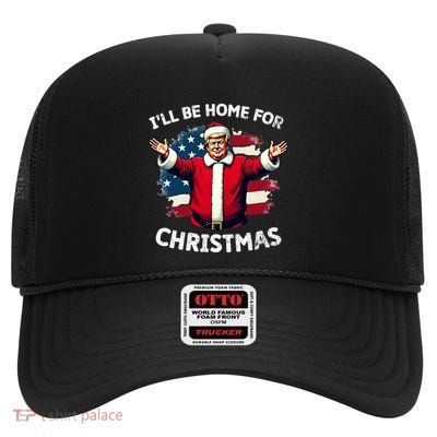 ILl Be Home For Christmas Trump American Flag Gift High Crown Mesh Back Trucker Hat