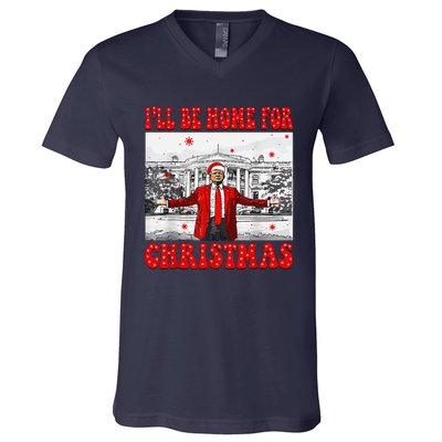 ILl Be Home For Christmas Santa Funny Trump Xmas Pajamas V-Neck T-Shirt