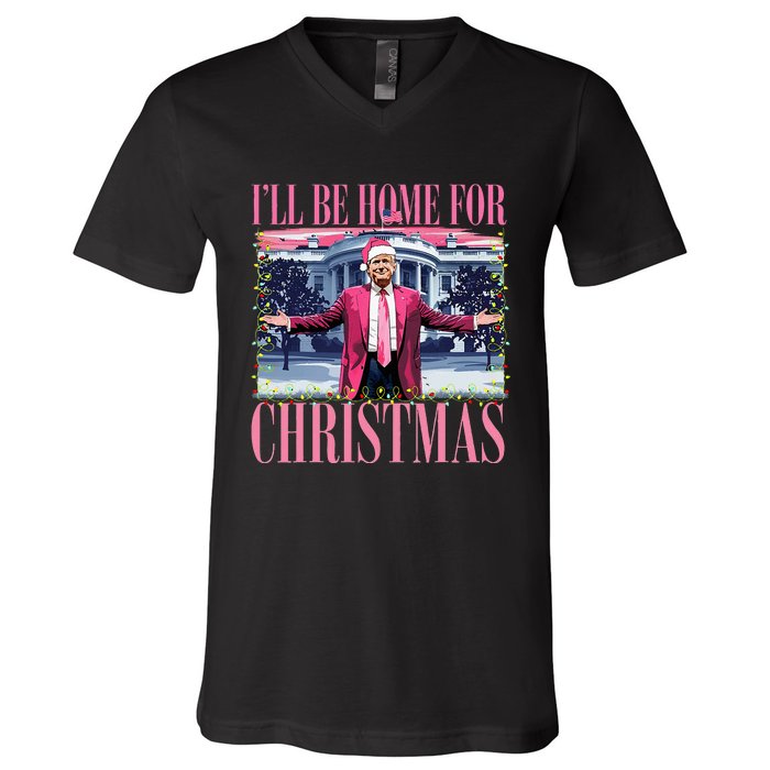 ILl Be Home For Christmas Santa Funny Trump Xmas Pajamas V-Neck T-Shirt