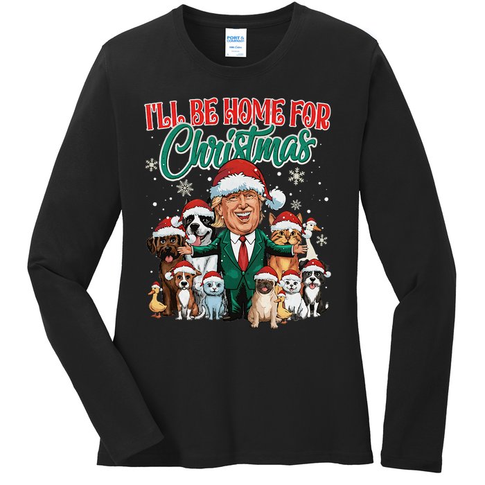 ILl Be Home For Christmas Funny Santa Claus Trump 2024 Ladies Long Sleeve Shirt