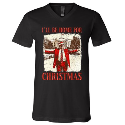 ILl Be Home For Christmas Santa Funny Trump Xmas Pajamas V-Neck T-Shirt