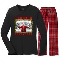 ILl Be Home For Christmas Funny Santa Claus Trump 2024 Women's Long Sleeve Flannel Pajama Set 