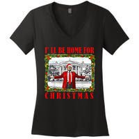 ILl Be Home For Christmas Funny Santa Claus Trump 2024 Women's V-Neck T-Shirt