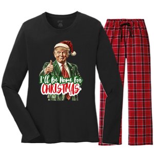 ILl Be Home For Christmas Funny Santa Claus Trump 2024 Women's Long Sleeve Flannel Pajama Set 