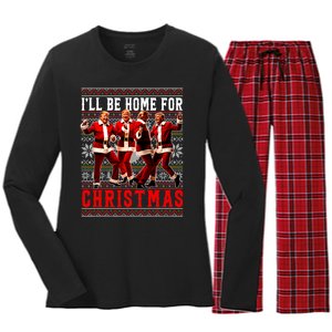 ILl Be Home For Christmas Santa Trump Ugly Christmas Sweate Women's Long Sleeve Flannel Pajama Set 