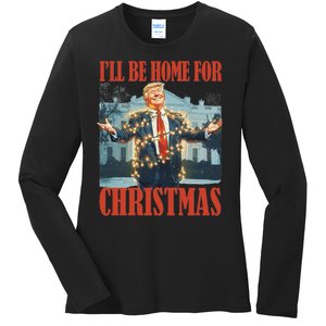 ILl Be Home For Christmas Santa Funny Trump Xmas Pajamas Ladies Long Sleeve Shirt