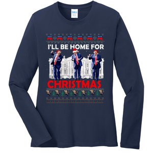 ILl Be Home For Christmas Santa Trump Xmas Pajamas Ladies Long Sleeve Shirt