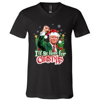 ILl Be Home For Christmas Funny Trump Santa 2024 V-Neck T-Shirt