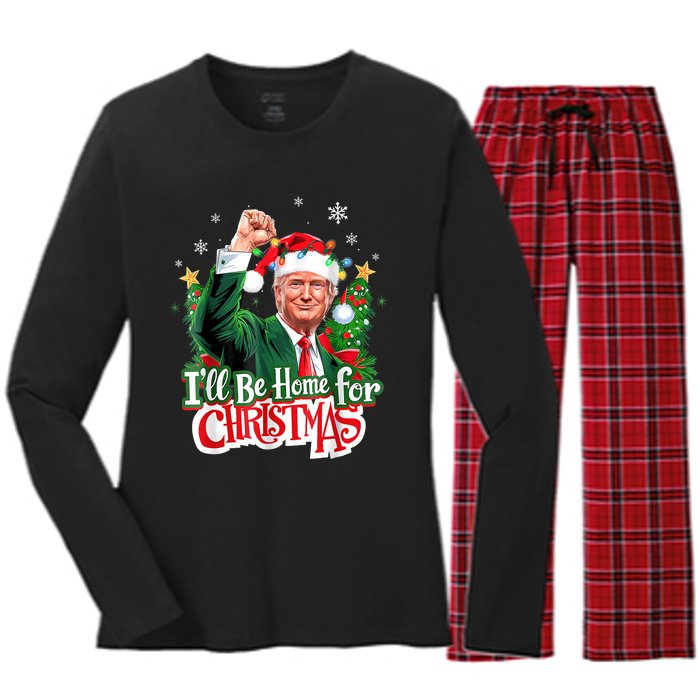 ILl Be Home For Christmas Funny Trump Santa 2024 Women's Long Sleeve Flannel Pajama Set 