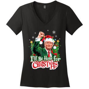 ILl Be Home For Christmas Funny Trump Santa 2024 Women's V-Neck T-Shirt