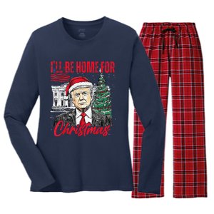 ILl Be Home For Christmas Funny Santa Trump Xmas Pajamas Women's Long Sleeve Flannel Pajama Set 