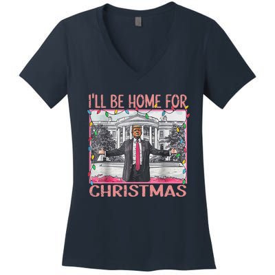 ILl Be Home For Christmas Santa Funny Trump Xmas Pajamas Women's V-Neck T-Shirt