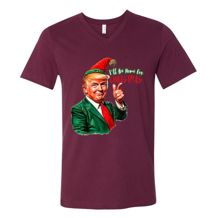 ILl Be Home For Christmas Funny Santa Claus Trump 2024 V-Neck T-Shirt