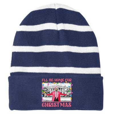 ILl Be Home For Christmas Santa Funny Trump Xmas Pajamas Striped Beanie with Solid Band