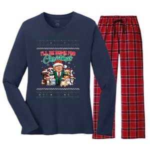 ILl Be Home For Christmas Funny Santa Claus Trump 2024 Women's Long Sleeve Flannel Pajama Set 