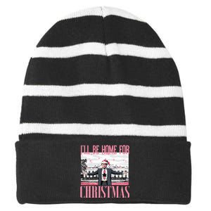 ILl Be Home For Christmas Funny Santa Claus Trump 2024 Striped Beanie with Solid Band